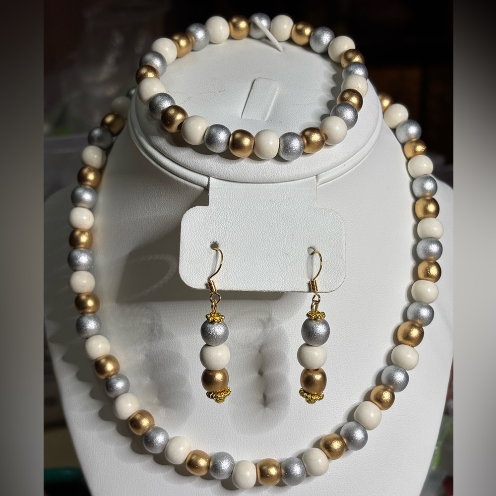Handmade Wood Beaded Jewelry Set Elegant Gold Silver and Creamy White Wood beads